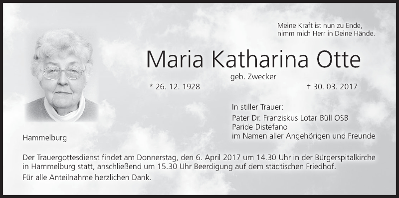  Traueranzeige für Maria Katharina Otte vom 01.04.2017 aus MGO
