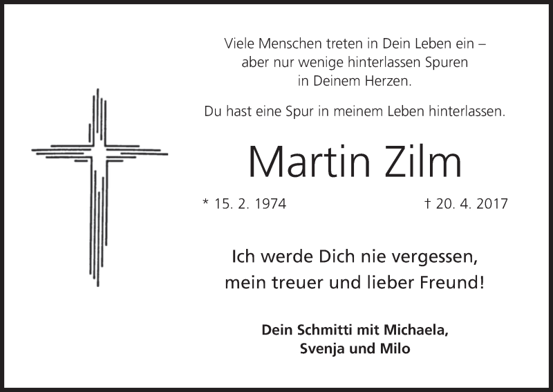  Traueranzeige für Martin Zilm vom 25.04.2017 aus MGO