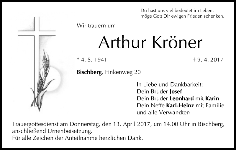  Traueranzeige für Arthur Kröner vom 11.04.2017 aus MGO