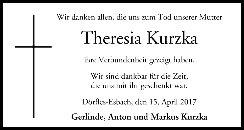  Traueranzeige für Theresia Kurzka vom 15.04.2017 aus MGO