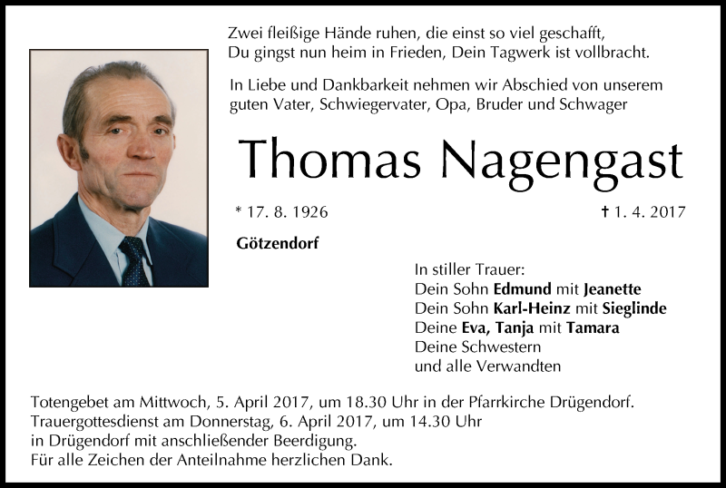  Traueranzeige für Thomas Nagengast vom 04.04.2017 aus MGO