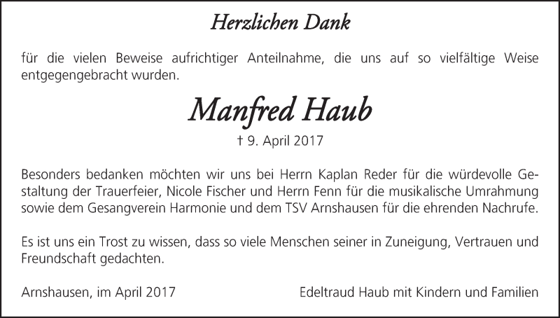  Traueranzeige für Manfred Haub vom 29.04.2017 aus MGO