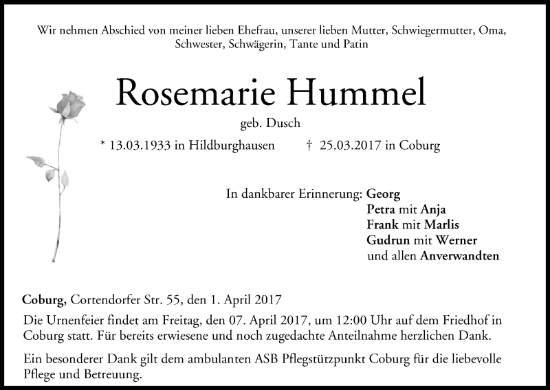  Traueranzeige für Rosemarie Hummel vom 01.04.2017 aus MGO