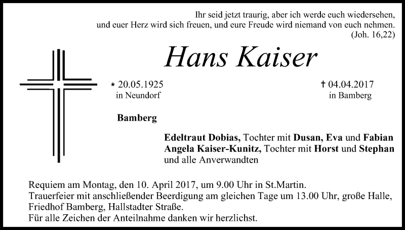  Traueranzeige für Hans Kaiser vom 08.04.2017 aus MGO