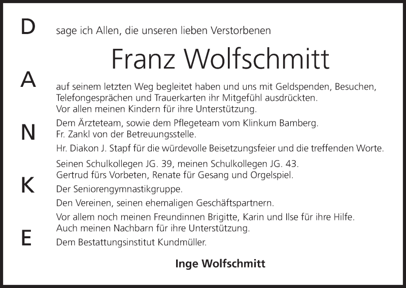  Traueranzeige für Franz Wolfschmitt vom 01.04.2017 aus MGO