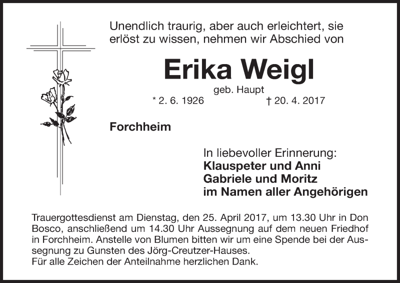  Traueranzeige für Erika Weigl vom 22.04.2017 aus MGO