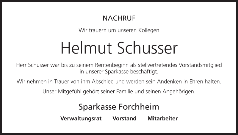  Traueranzeige für Helmut Schusser vom 05.04.2017 aus MGO