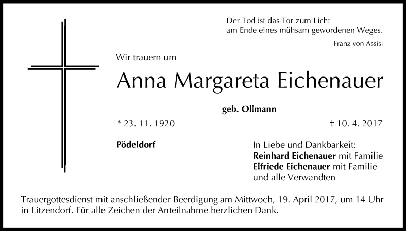  Traueranzeige für Anna Margareta Eichenauer vom 15.04.2017 aus MGO