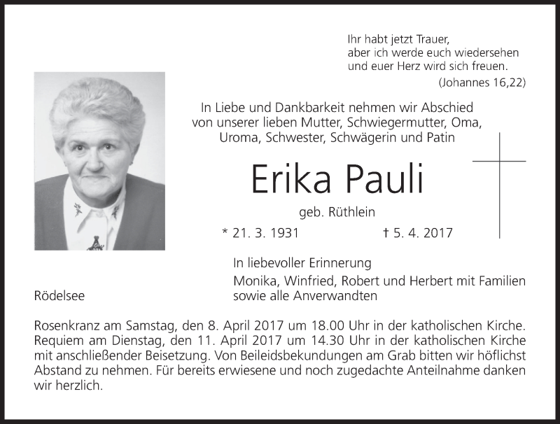  Traueranzeige für Erika Pauli vom 08.04.2017 aus MGO