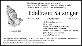 Anzeige von Edeltraud Satzfinger von MGO