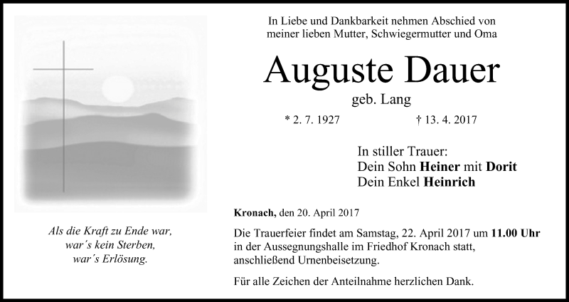 Traueranzeige für Auguste Dauer vom 20.04.2017 aus MGO