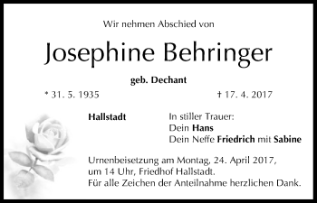Anzeige von Josephine Behringer von MGO