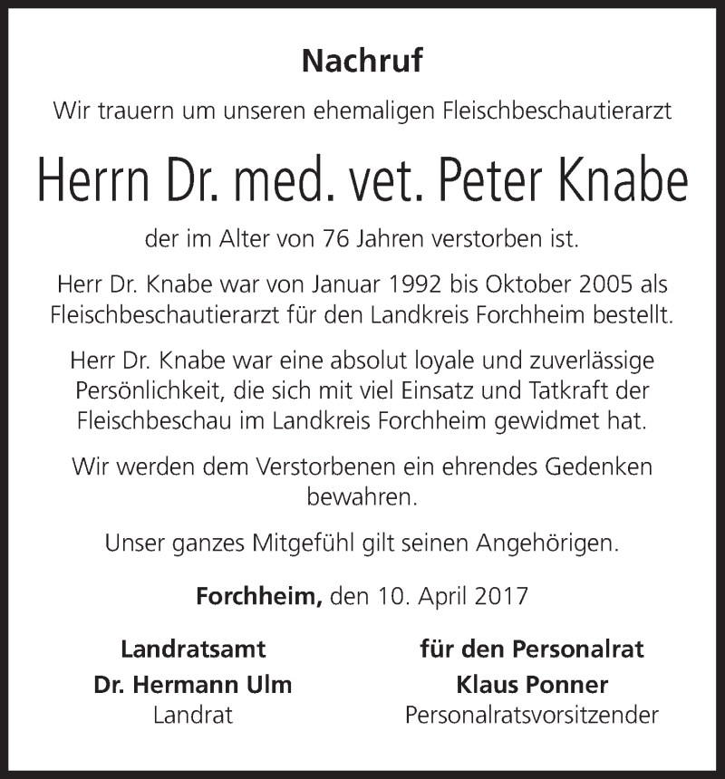  Traueranzeige für Peter Knabe vom 11.04.2017 aus MGO