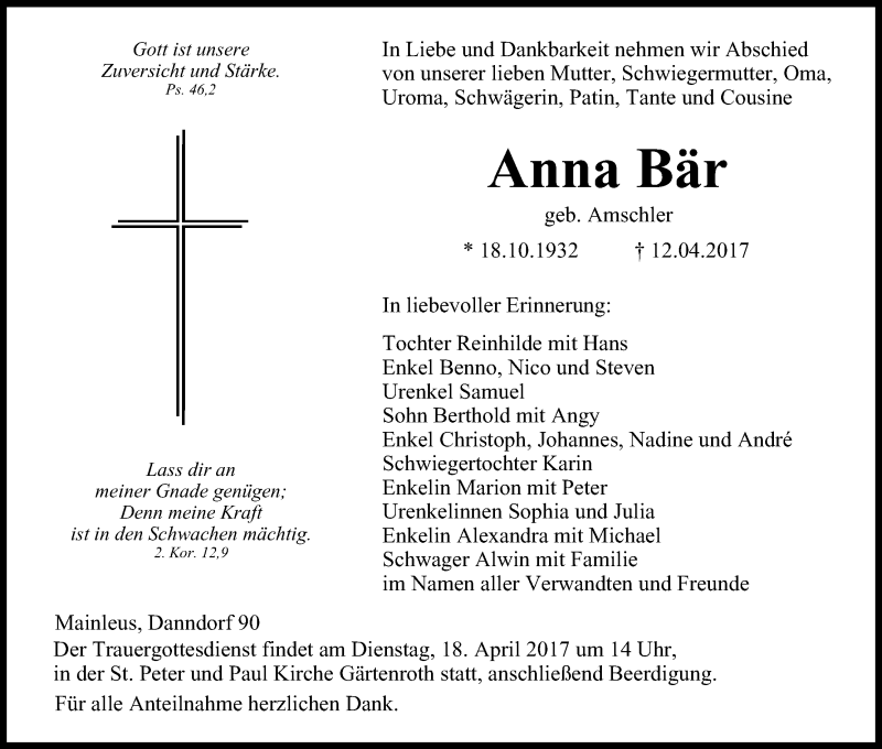  Traueranzeige für Anna Bär vom 15.04.2017 aus MGO