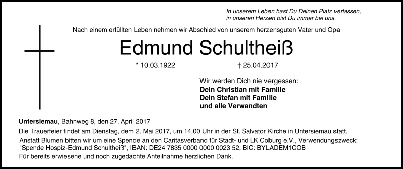 Traueranzeige für Edmund Schultheiß vom 27.04.2017 aus MGO