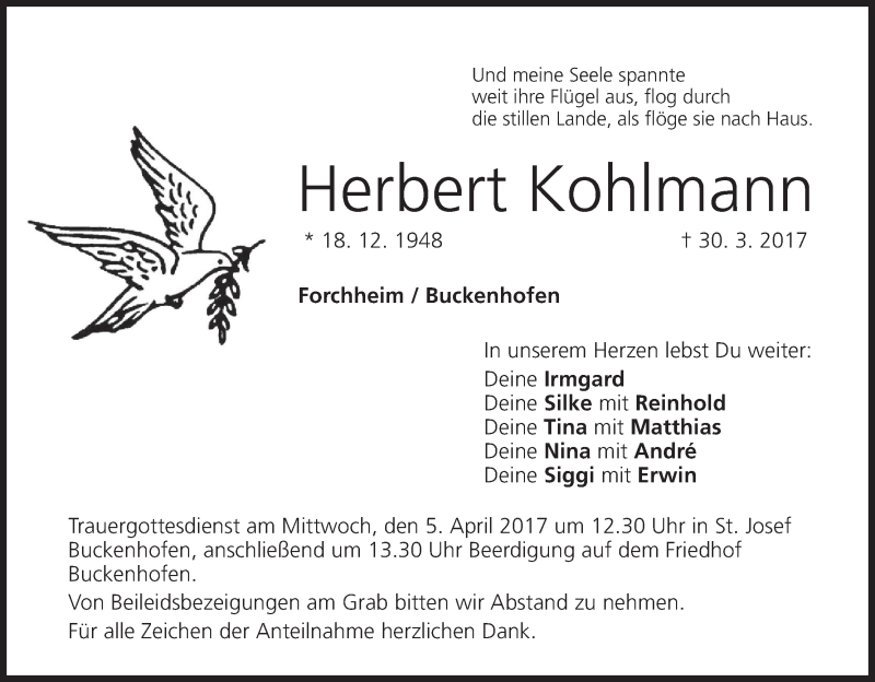 Traueranzeige für Herbert Kohlmann vom 01.04.2017 aus MGO