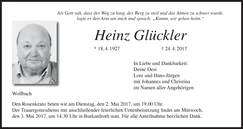 Traueranzeige für Heinz Glückler vom 29.04.2017 aus MGO