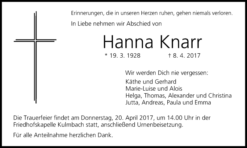  Traueranzeige für Hanna Knarr vom 18.04.2017 aus MGO