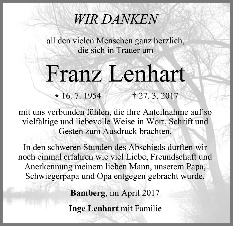  Traueranzeige für Franz Lenhart vom 15.04.2017 aus MGO