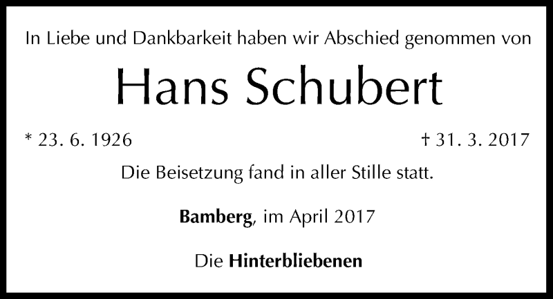  Traueranzeige für Hans Schubert vom 15.04.2017 aus MGO