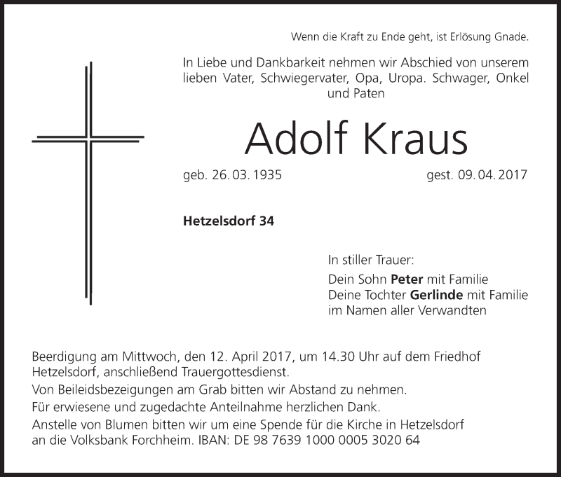  Traueranzeige für Adolf Kraus vom 11.04.2017 aus MGO