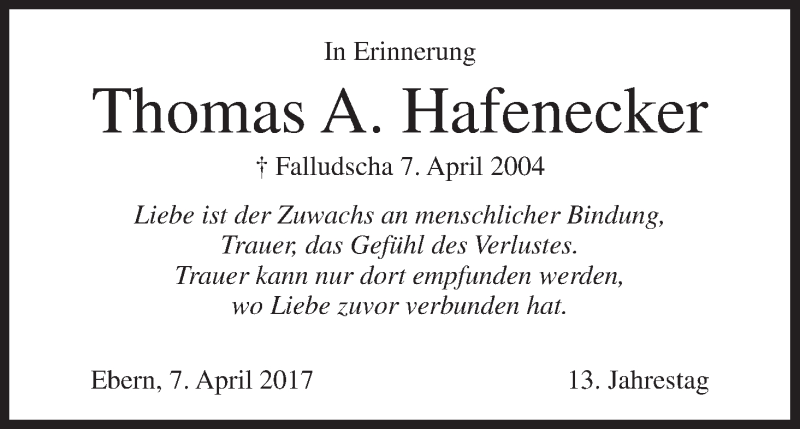  Traueranzeige für Thomas A. Hafenecker vom 07.04.2017 aus MGO