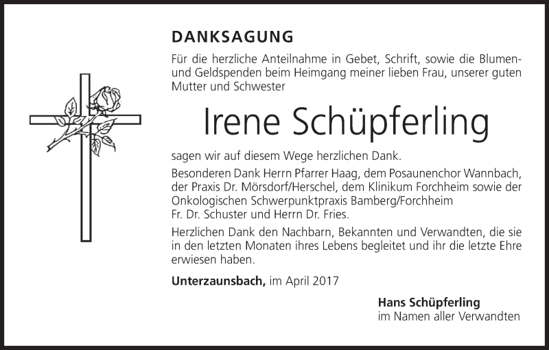  Traueranzeige für Irene Schüpferling vom 29.04.2017 aus MGO