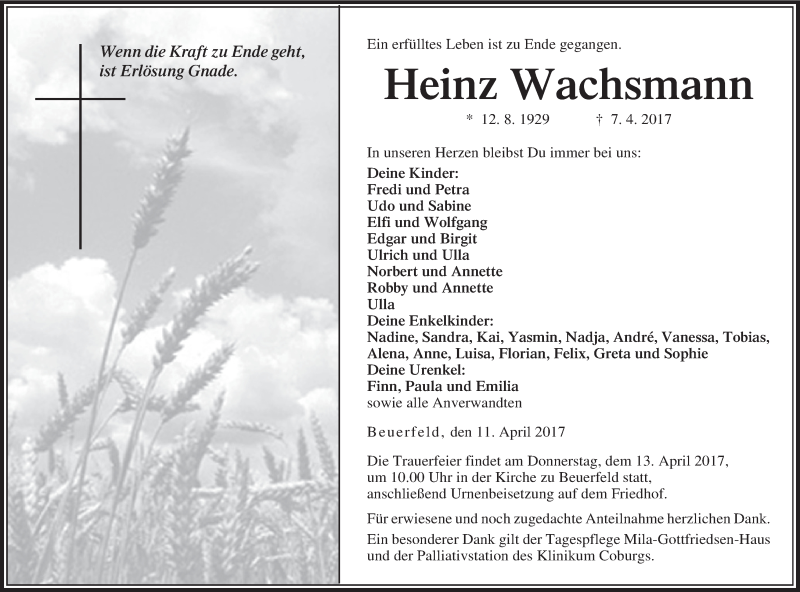  Traueranzeige für Heinz Wachsmann vom 11.04.2017 aus MGO