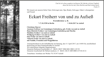 Anzeige von Eckart Freiherr von und zu Aufseß von MGO