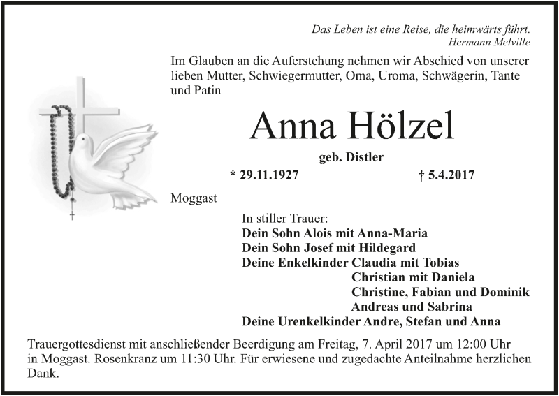  Traueranzeige für Anna Hölzel vom 06.04.2017 aus MGO
