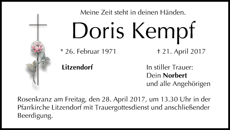  Traueranzeige für Doris Kempf vom 26.04.2017 aus MGO