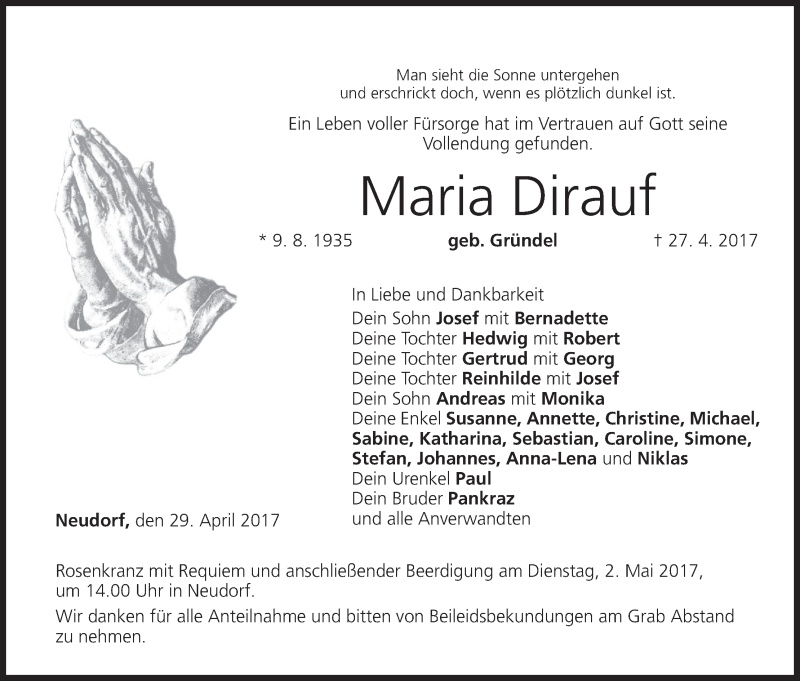  Traueranzeige für Maria Dirauf vom 29.04.2017 aus MGO