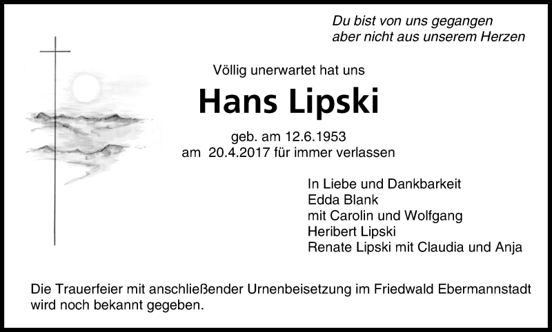  Traueranzeige für Hans Lipski vom 22.04.2017 aus MGO