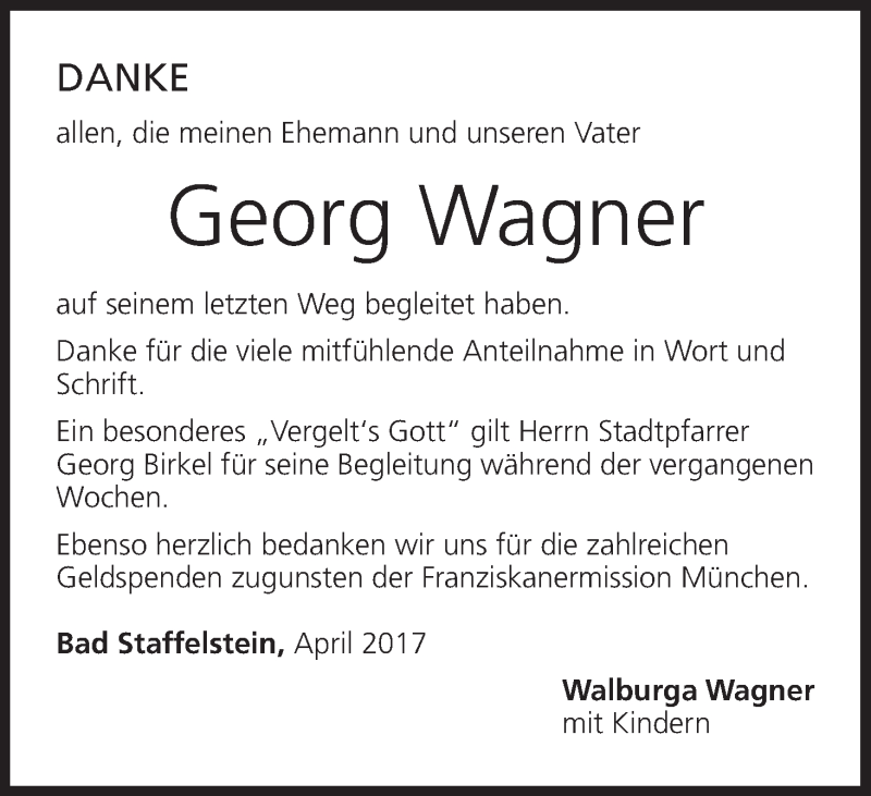  Traueranzeige für Georg Wagner vom 15.04.2017 aus MGO