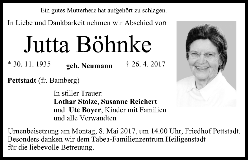  Traueranzeige für Jutta Böhnke vom 29.04.2017 aus MGO