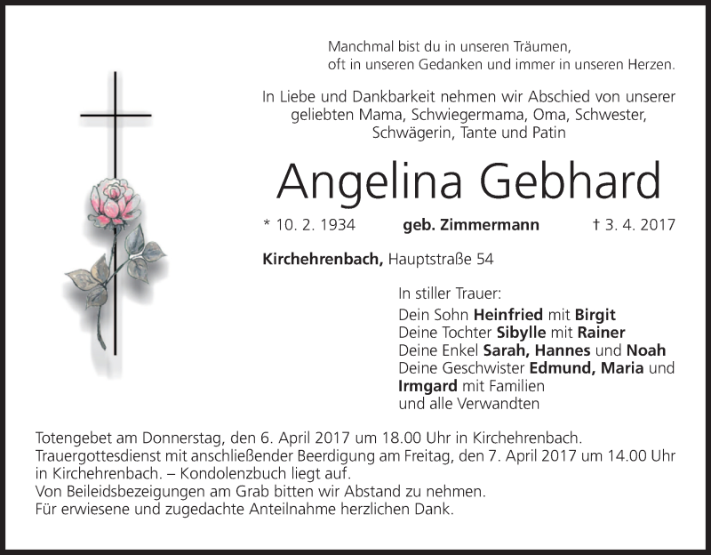  Traueranzeige für Angelina Gebhard vom 05.04.2017 aus MGO