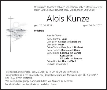 Anzeige von Alois Kunze von MGO