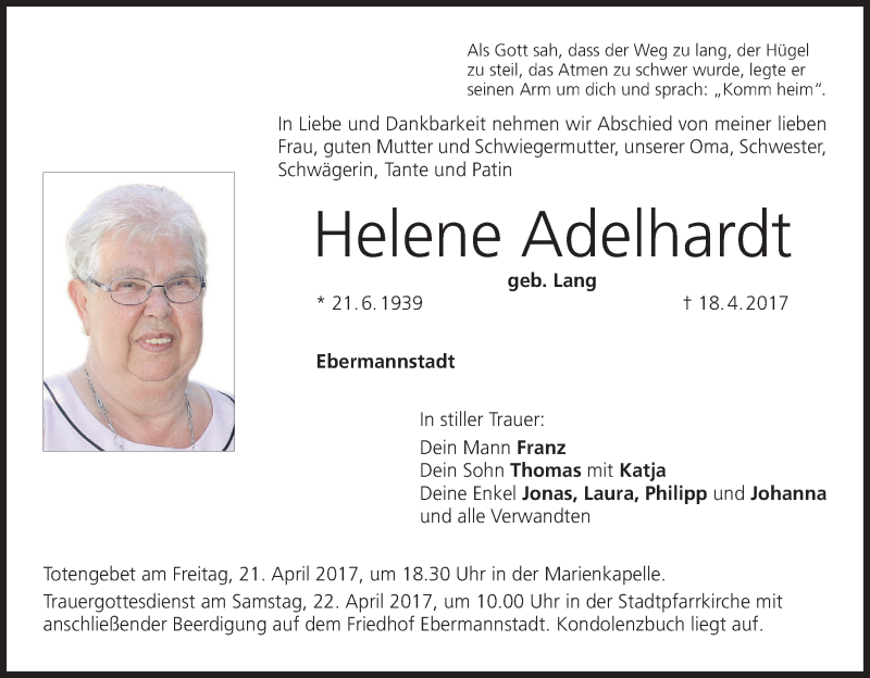  Traueranzeige für Helene Adelhardt vom 20.04.2017 aus MGO