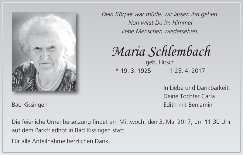  Traueranzeige für Maria Schlembach vom 29.04.2017 aus MGO