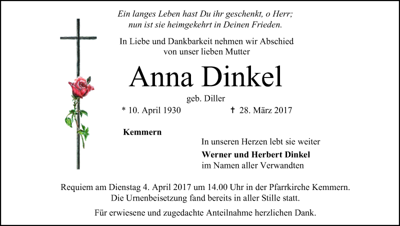  Traueranzeige für Anna Dinkel vom 01.04.2017 aus MGO