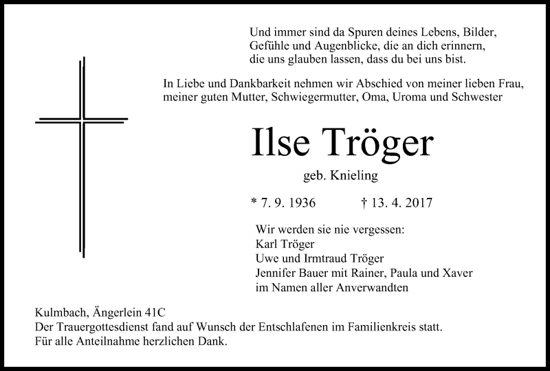  Traueranzeige für Ilse Tröger vom 20.04.2017 aus MGO