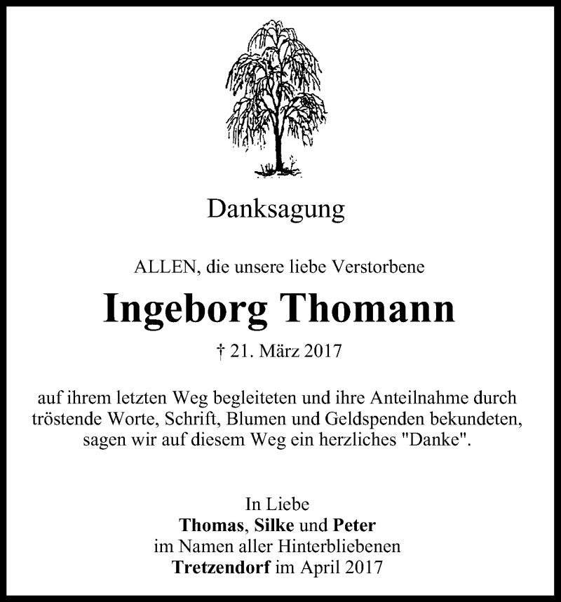  Traueranzeige für Ingeborg Thomann vom 08.04.2017 aus MGO