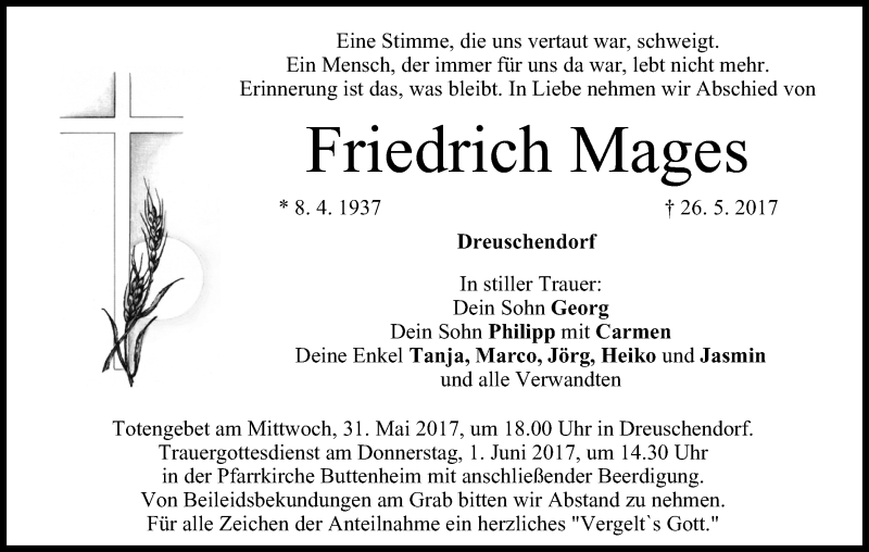  Traueranzeige für Friedrich Mages vom 30.05.2017 aus MGO