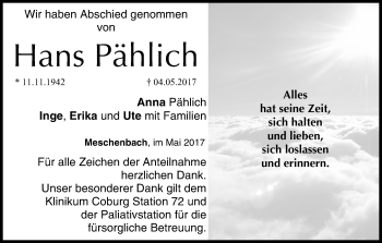 Anzeige von Hans Pählich von MGO