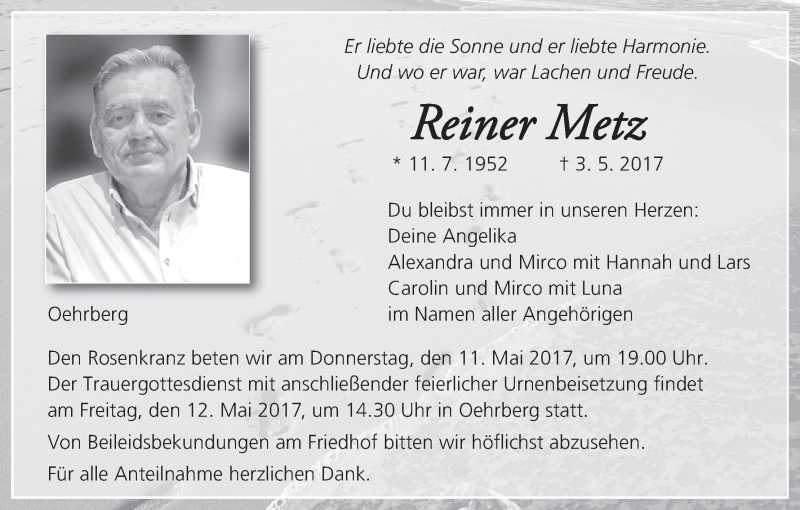  Traueranzeige für Reiner Metz vom 06.05.2017 aus MGO