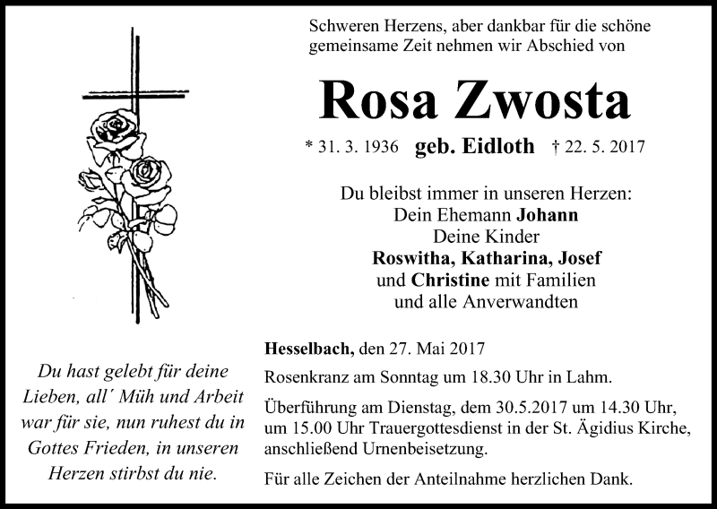  Traueranzeige für Rosa Zwosta vom 27.05.2017 aus MGO