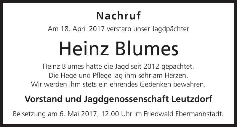  Traueranzeige für Heinz Blumes vom 04.05.2017 aus MGO