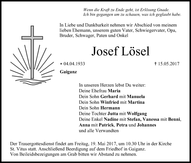  Traueranzeige für Josef Lösel vom 17.05.2017 aus MGO