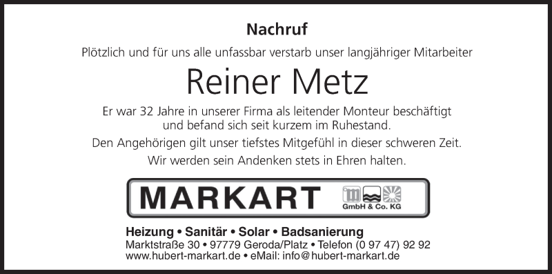  Traueranzeige für Reiner Metz vom 09.05.2017 aus MGO
