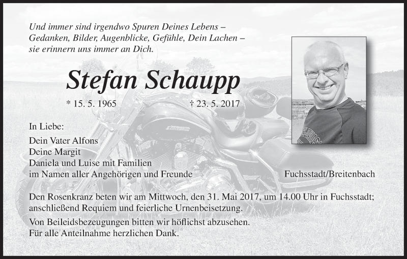  Traueranzeige für Stefan Schaupp vom 27.05.2017 aus MGO